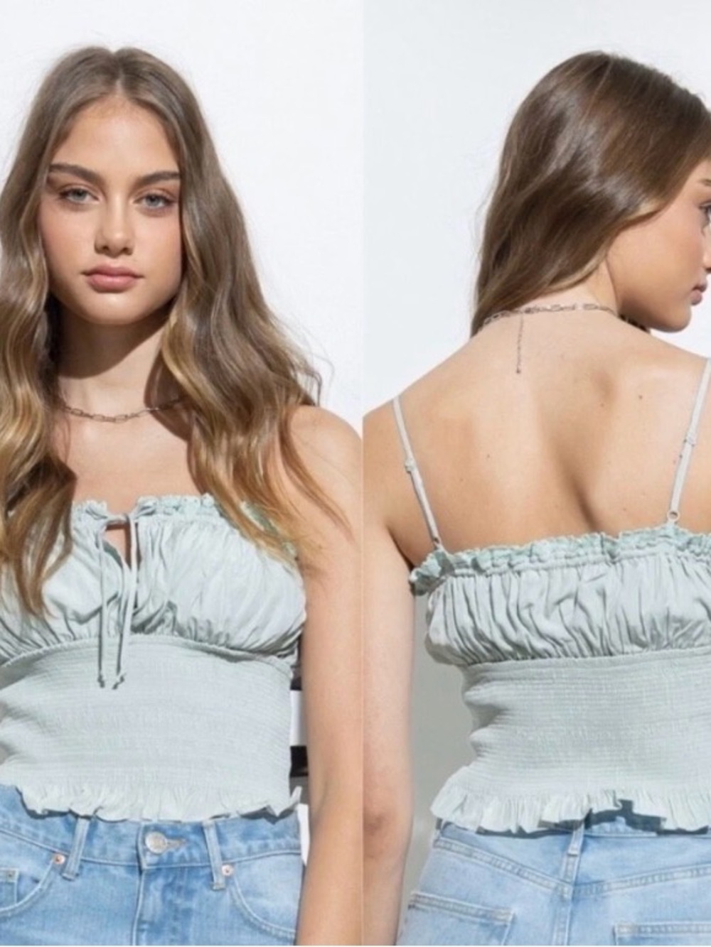 Smocked Ruffle Crop Tank Top in Light mint
